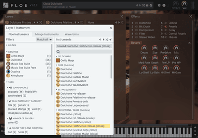 Floe interface showing sound browser with categories and tags