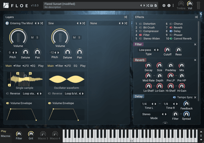 Floe sample library engine interface showing sound browser and controls